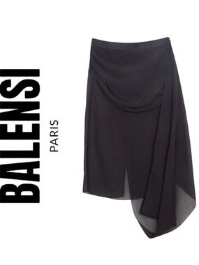 Balensi Paris Black Draped Asymmetrical Wool Midi Skirt Women’s Size M Designer